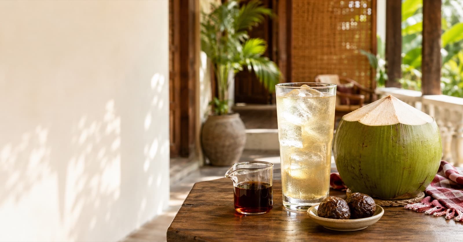 A tall glass of iced Ngam Ngov soda beside a jug of syrup and a dish of salt-cured limes, on a wooden table on a shaded veranda