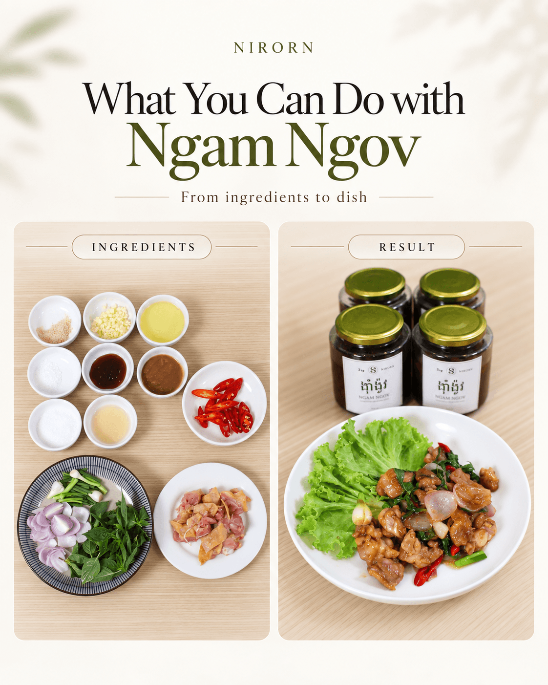Ingredients for Ngam Ngov chicken stir-fry beside the finished dish, with four jars of Ngam Ngov