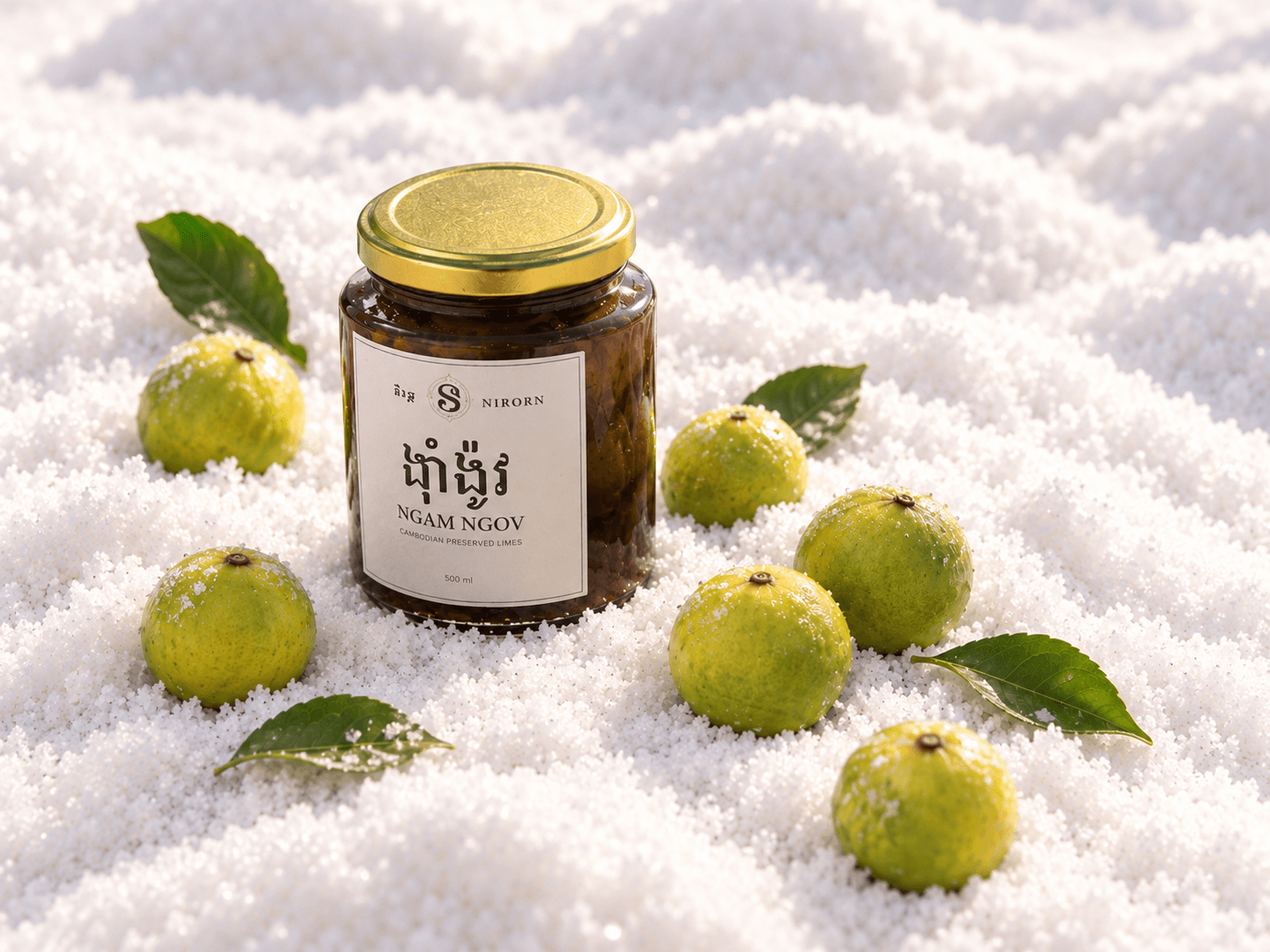 A jar of Ngam Ngov standing in coarse salt, whole limes around it