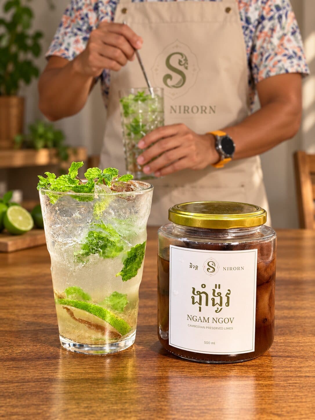 A Ngam Ngov mojito on a wooden table beside the 500 ml jar, mint and crushed ice in the glass, with a second being stirred behind it