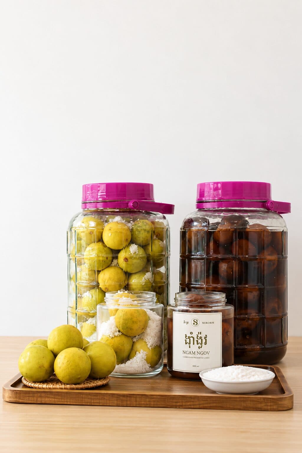 The whole cure in one frame: fresh limes, limes packed in salt, a jar of fruit gone dark, and the finished labelled jar.